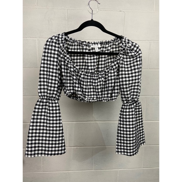 Topshop Gingham Crop Top Off Shoulder Bell Sleeve Blouse‎ Petite Size 4 Black - Picture 1 of 6